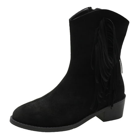 OJSFQUFP Winter Womens Boots Women s Tassel Bare Boots Fashionable Solid Color Low Heeled Boots Short Boots Comfortable Fall Shoes Military Boots for Women Black 41