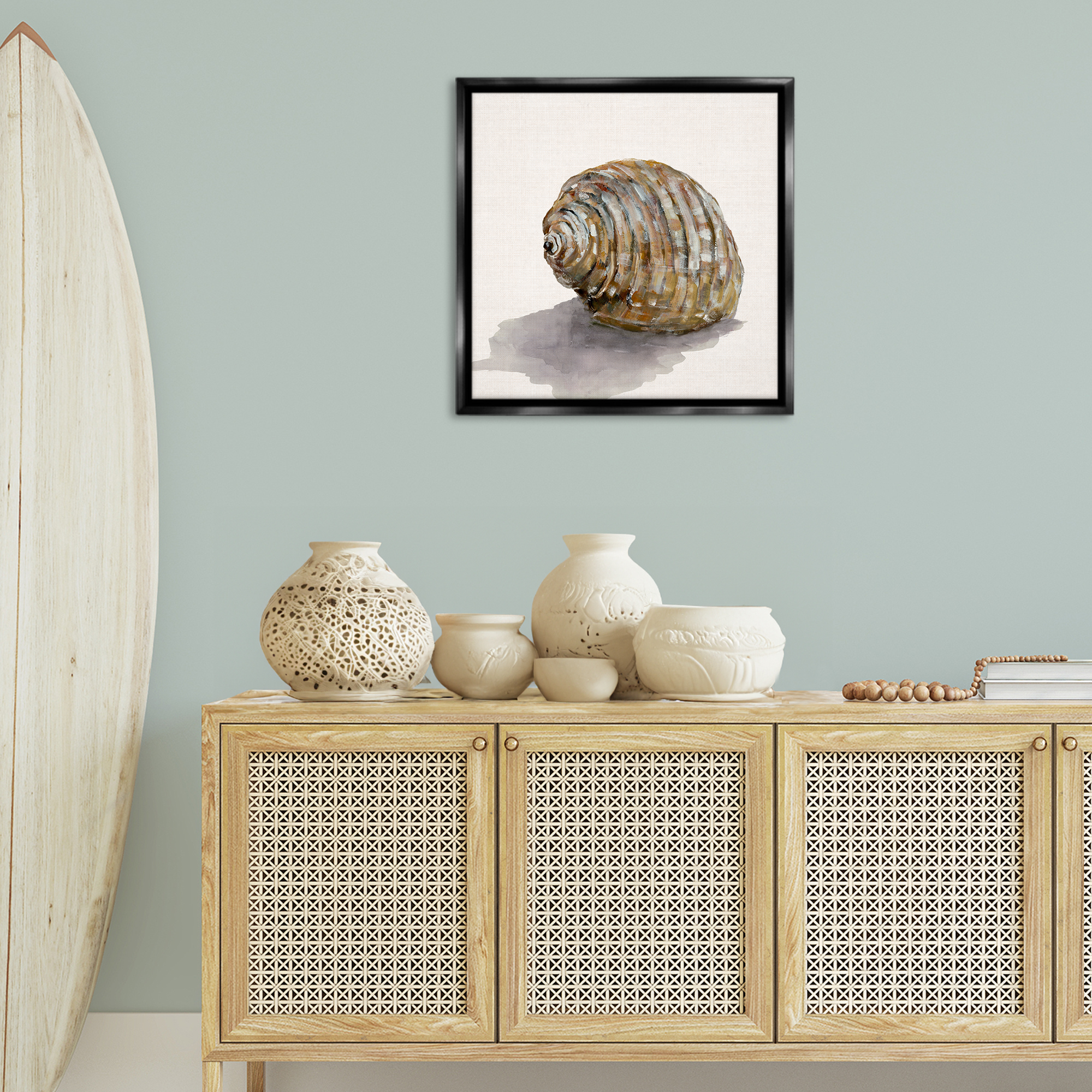 Stupell Industries Curved Seashell on Beige Nautical & Beach Painting Black Floater Framed Canvas Art Print Wall Art, 25 x 25