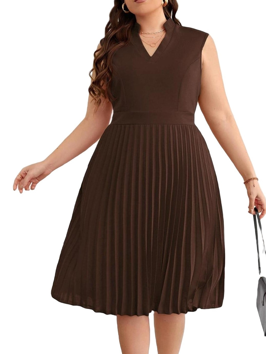 Elegant Notched Neck A Line Dress Sleeveless Chocolate Brown Plus Size