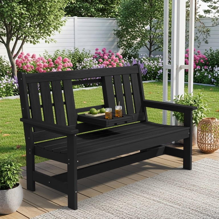 SERWALL Outdoor Bench with Cup Holder, 58", HDPE, Black photo 1