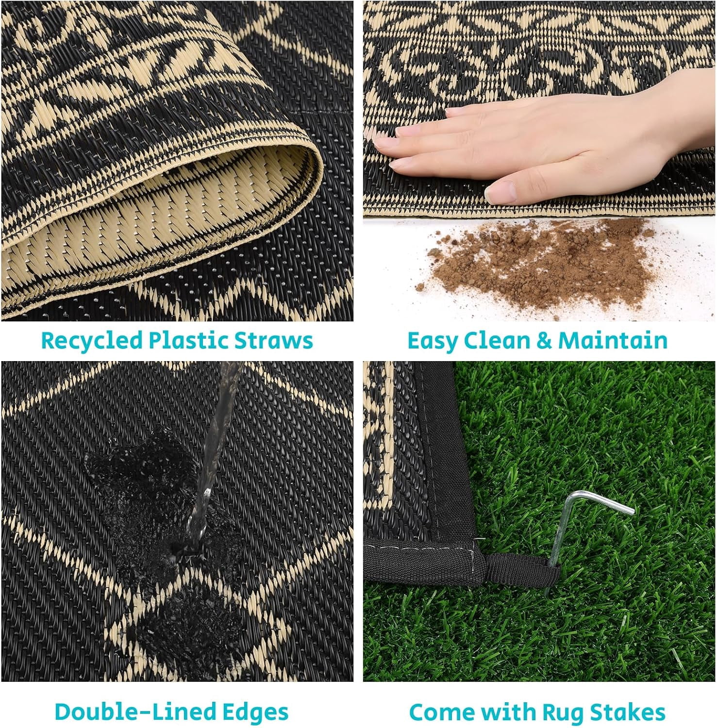 Enyhom Outdoor Rug Waterproof 6'x9', Reversible Plastic Straw Rug RV Camping Rug,Outside Carpet for Porch,Deck,Camper,Balcony,Backyard,Picnic，Black