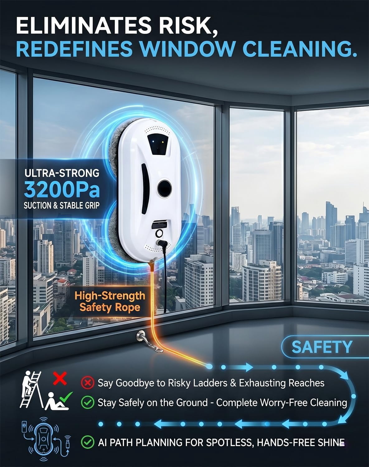 Automatic Window Cleaning Robot with 3200Pa Suction and Dual Automatic Spray, Smart Glass Vacuum for High Rise Windows, AI Edge Detection Safety, AI Path-Planning, Streak Free Hands Free Wash