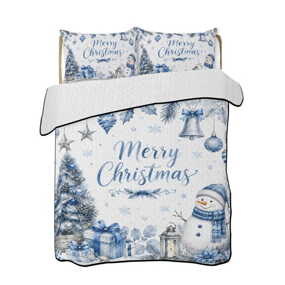 Quilts Queen Size Bedding Set, Blue Christmas Reversible Summer Quilt 3 Pieces, Xmas Tree Balls Snowman Gifts Snowflake Lightweight Bedspreads Coverlets with 2 Pillow Shams for All Seasons
