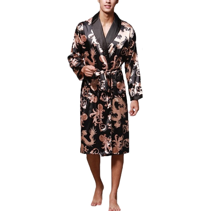 Mens Summer Silk Satin Robe Nightgown Sleepwear Kimono Dressing Gown Bathrobe
