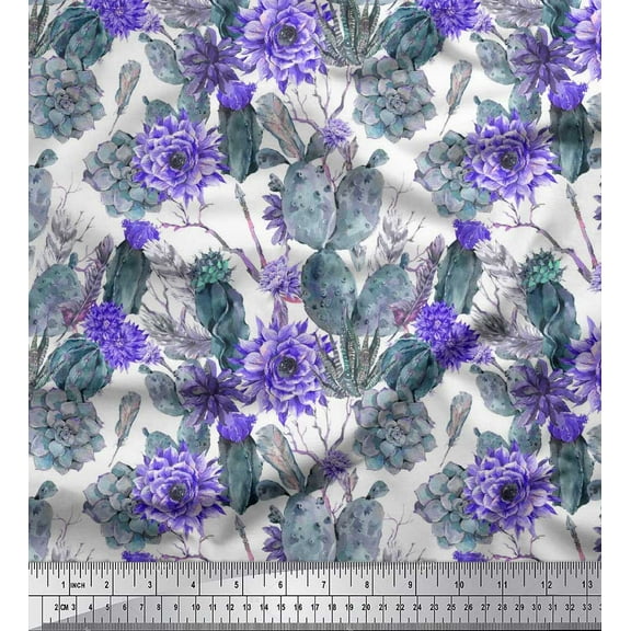Soimoi Blue Cotton Duck Fabric Feather,Cactus & Floral Decor Fabric Printed BTY 42 Inch Wide