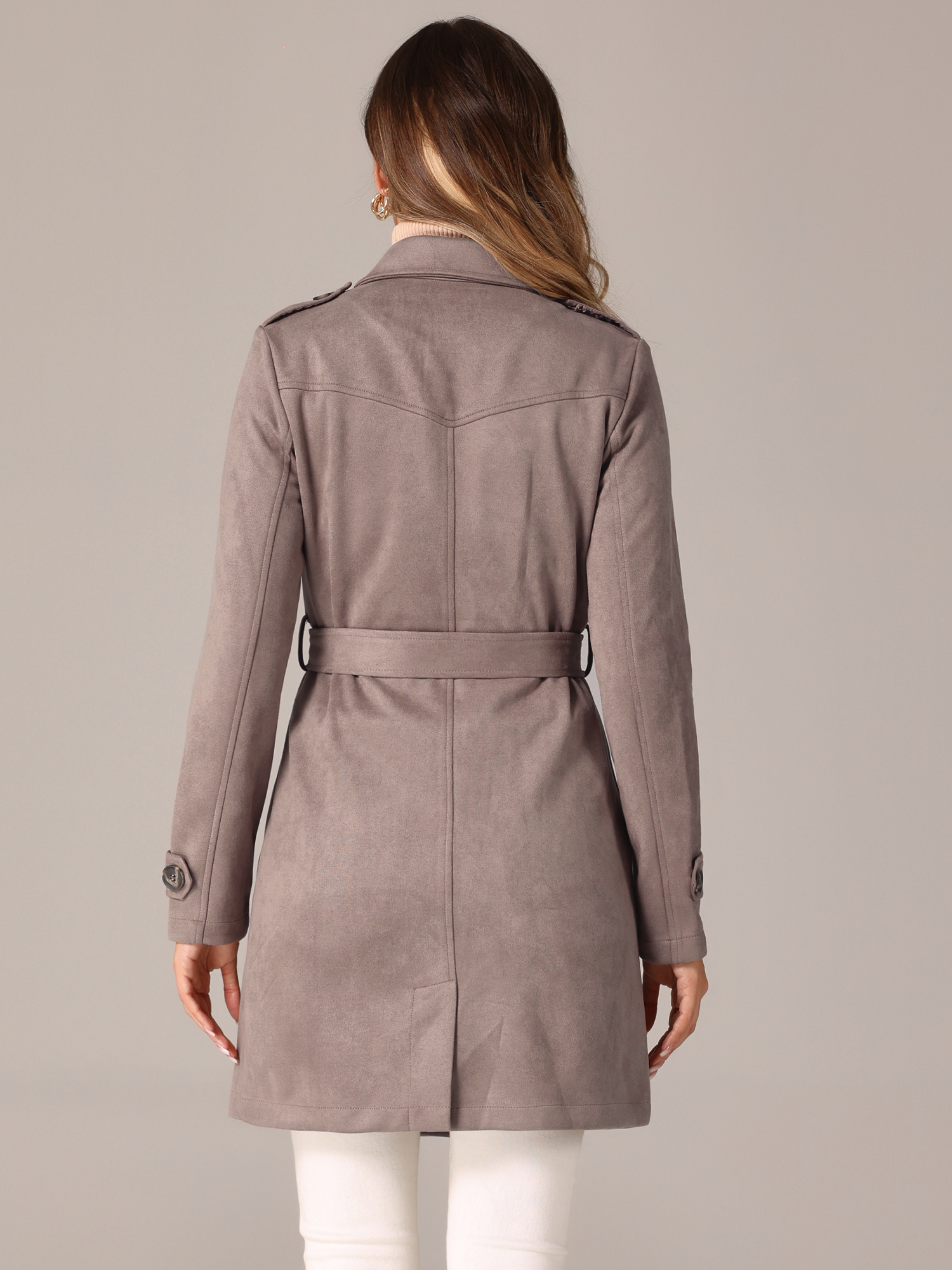 DARING DIVA Faux Suede Trench Coat Notched Lapel Double Breasted Jacket XS Dark Beige