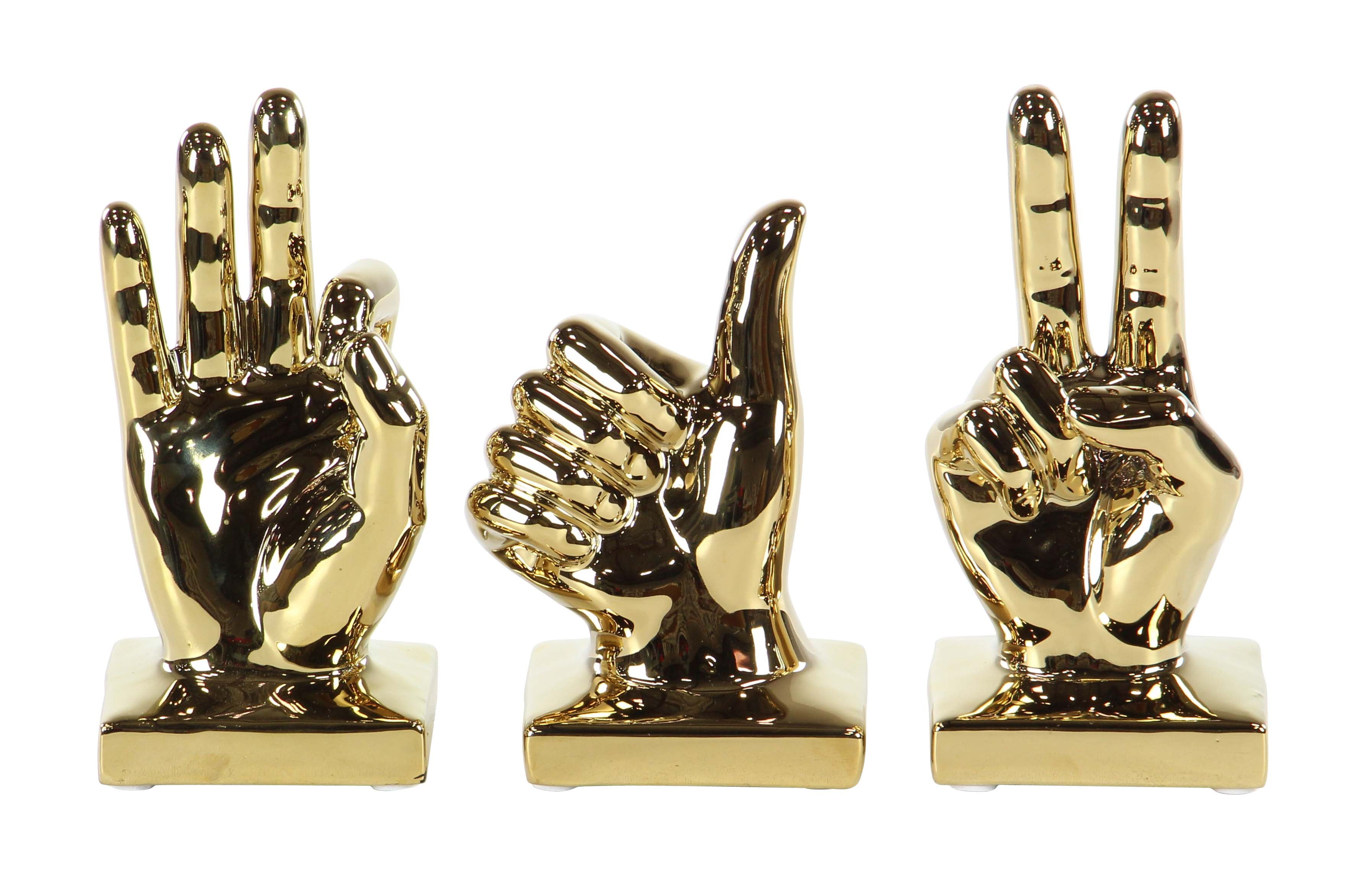 Decmode Set of 3 Modern Ceramic Gold-Finished Hand Sign Sculptures, Gold by DecMode