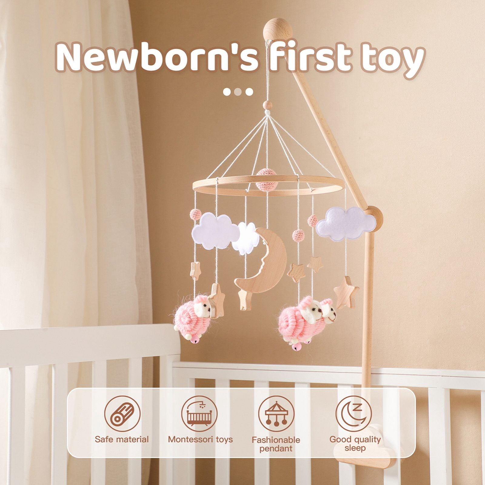 Baby Wooden Bed Bell Sheep Starry Moon Mobile Hanging Rattles Toys Hanger Crib Mobile Bed Bell Toys Holder Arm Bracket Kid Gifts