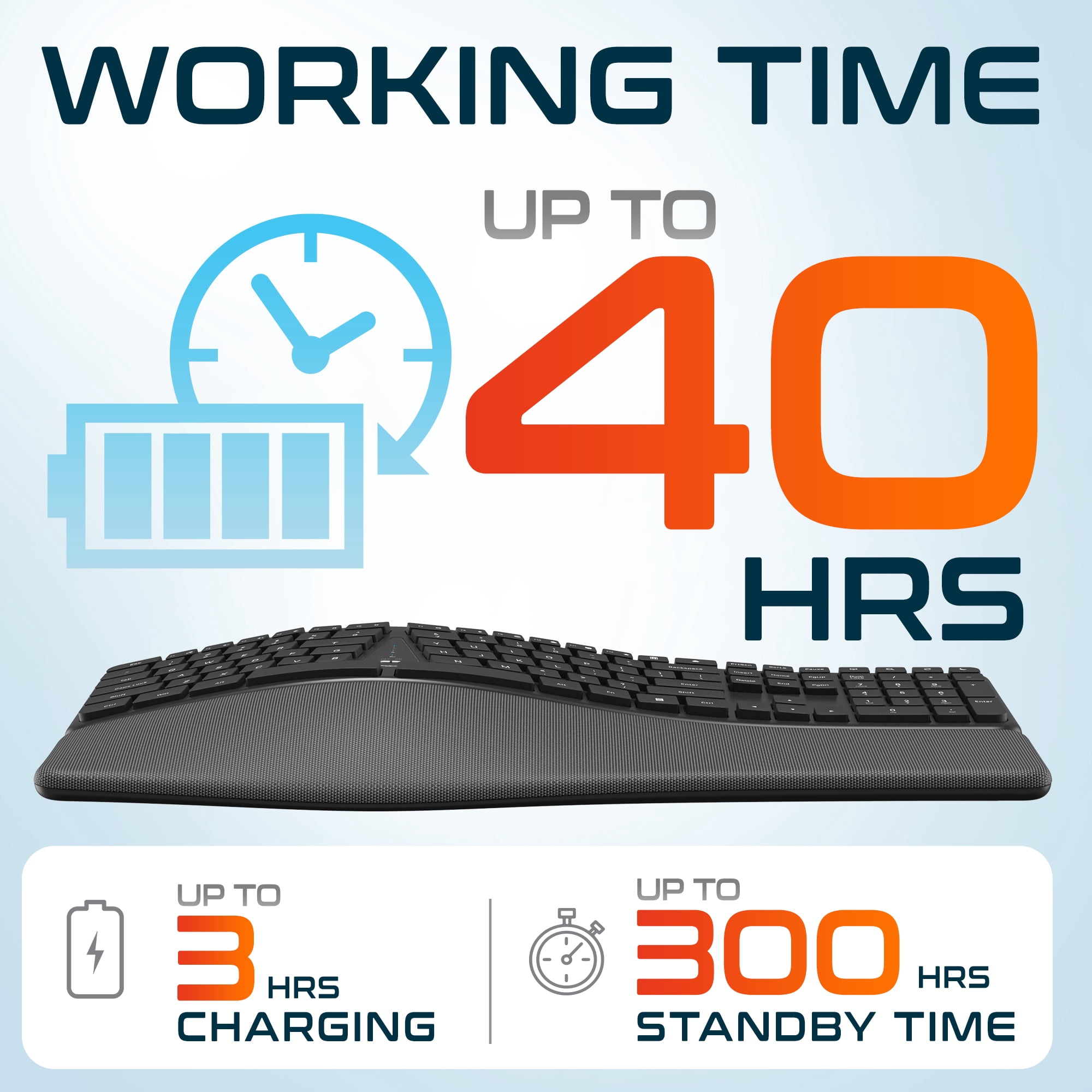 Delton KB250 Ergonomic Wireless Keyboard with Cushioned Palm Rest, Natural Typing Full-Size Rechargeable Keyboard, Bluetooth & USB Connectivity, Compatible for Laptop/PC/Tablets/Smartphone - Black