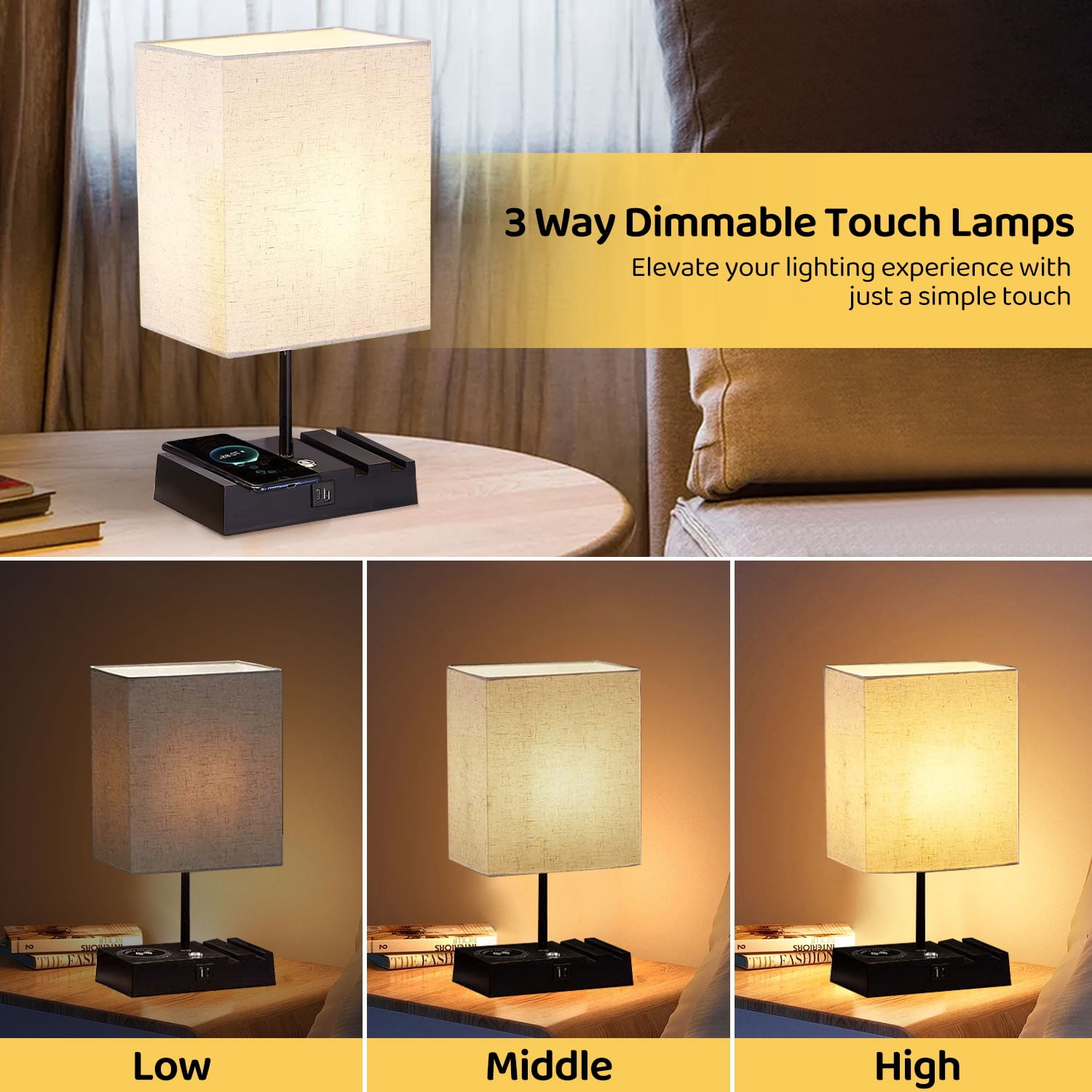 HadinEEon 15.9" Iron Bedside Table Lamp with Off-White Shade