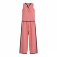 thumbnail image 4 of ZToonmas Women's 2 Piece Outfits Solid Sleeveless V Neck Henley Top and Contrast Trim Wide Leg Pants Set Casual Fashion Suit, 4 of 5