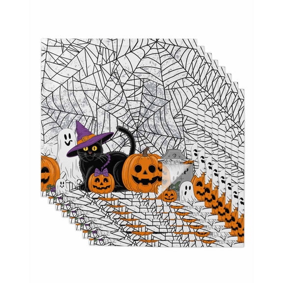 Halloween Cloth Napkins Set of 8 Reusable Dinner Napkins, Fall Ghost Pumpkin Black Spiderwebs Cat Cocktail Napkin Washable Table Napkins for Wedding/Holiday Party/Baby Shower 20"x20"