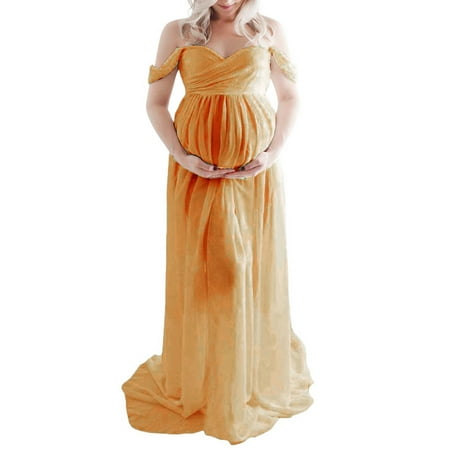 

Eyicmarn Maternity Dress for Photography Solid Color Off-Shoulder Chiffon Gown Front Split Long Pregnancy Dresses for Photoshoot
