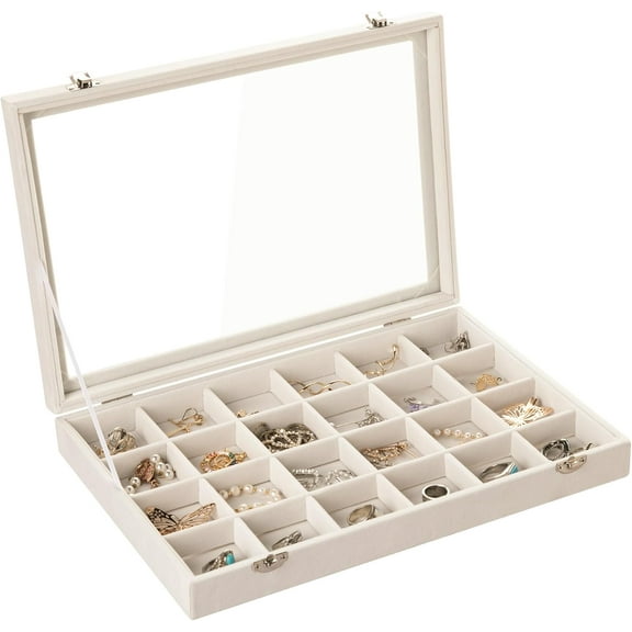 Velvet Jewelry Tray,24 Grid Jewelry Organizer with Clear Lid,Earring Holder Organizer with Clasp,Drawer Insert Rings Pendants Brooches,13.8 x 9.5 x 2 Inches,Gift for Women Girls(Beige)