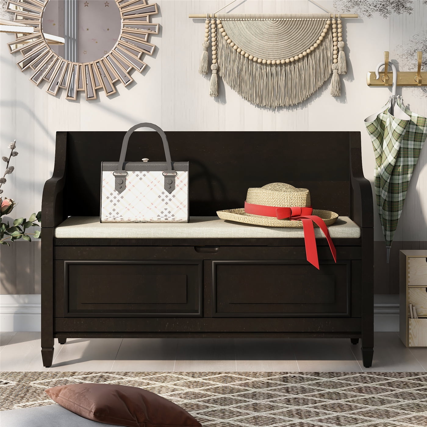 42” Storage Bench, Wooden Entryway Bench with Linen Upholstered Top ...