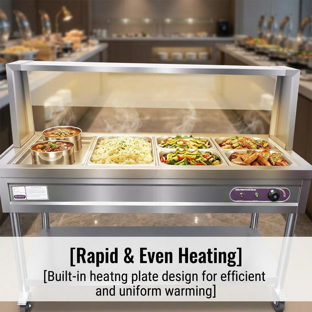 Adjustable Temperature 30℃-110℃ Commercial Food Warmer,Electric Steam Table with Shield Undershelf Wheels,Food Grade Stainless Steel Server for Hotel Catering