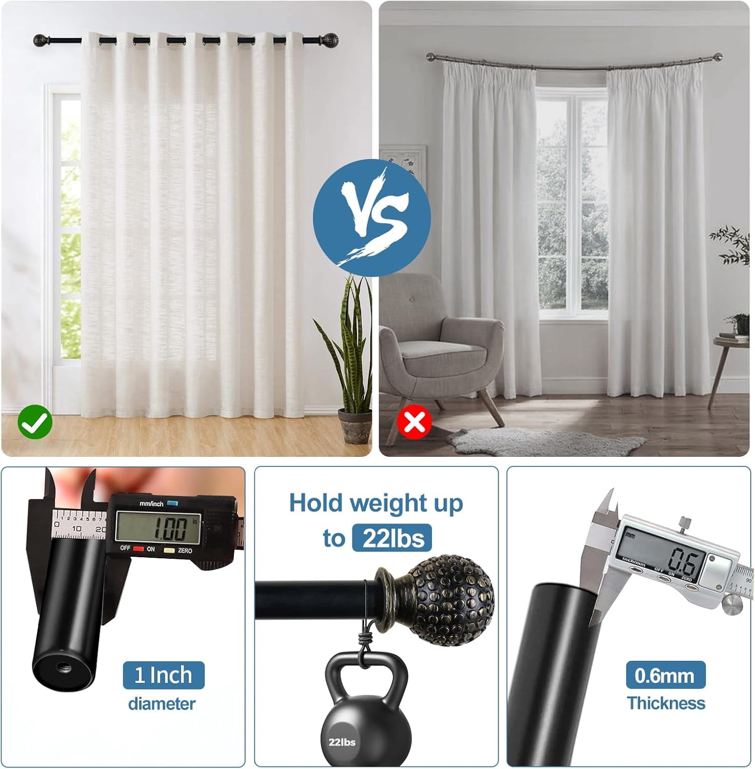 Urbanest Adjustable Single Curtain Rod Set Copper Tola Finials – 1 - Inch Diameter, With Black Rod, 84–120 Inches