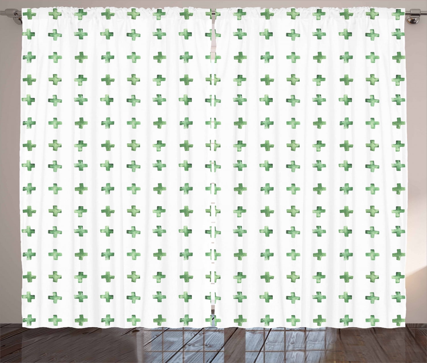Green and White Curtains 2 Panels Set, Pattern with Watercolor Style Plus Signs Geometric and