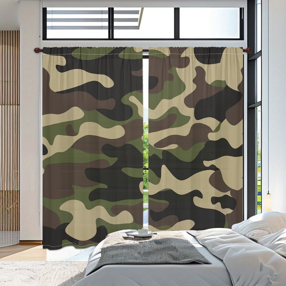 WNOOHIY Army-green Camouflage Bohemian Chic Window Curtains for Bedroom and Living Room, Set of 2 Panels