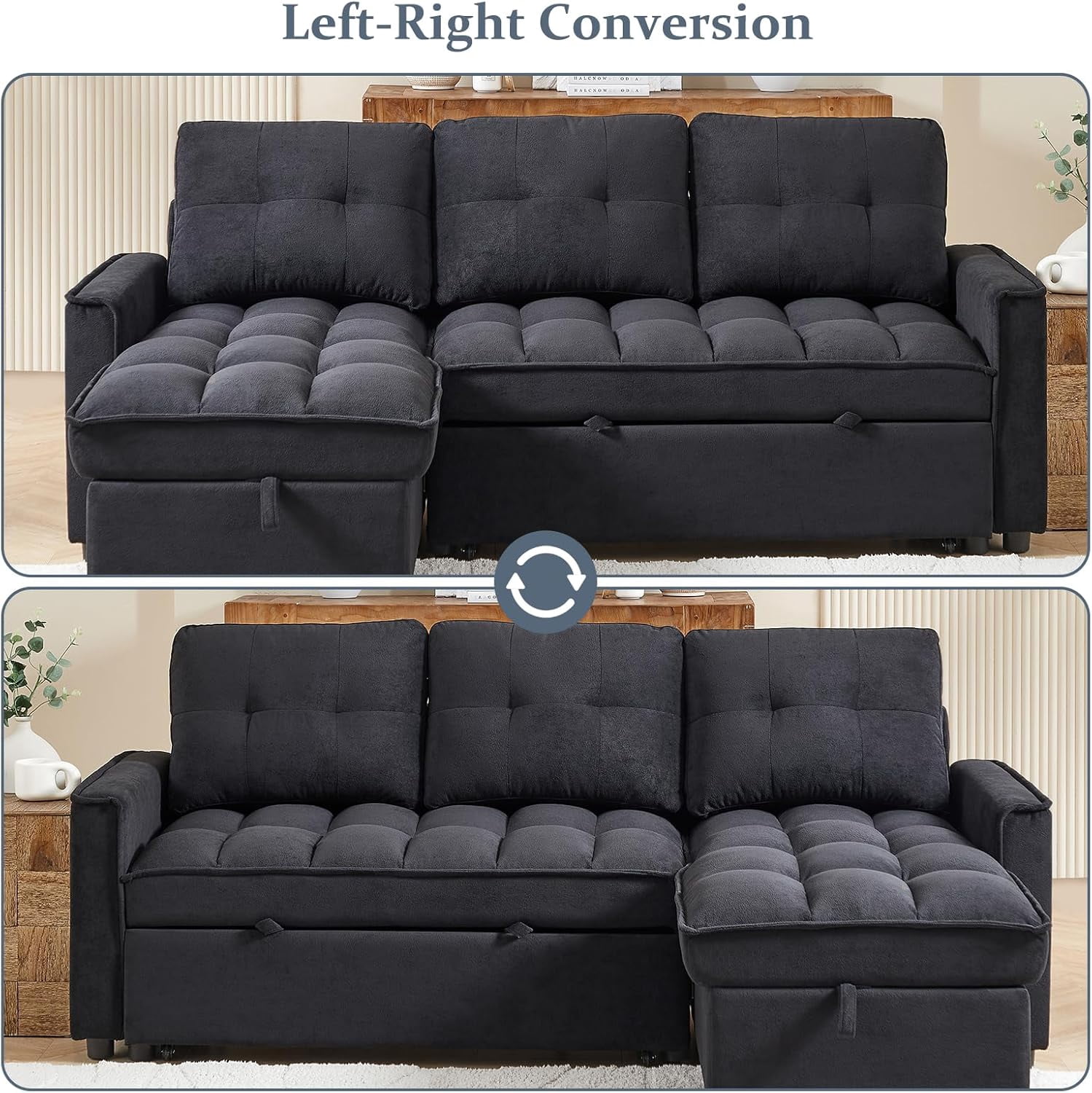 AENKYO 78.75" Reclining Sleeper Sofa with Pull-Out Bed and Built-in Charging Station, 3-Seat Sectional Couch with Cup Holders, Black