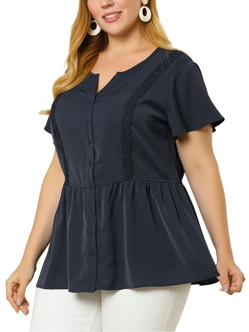 JollieLovin Women's Plus Size V-Neck Tunic Top With Pockets - Casual Short Sleeve Summer Shirt