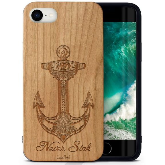 Case Yard Wooden Case Outside Soft TPU Silicone, Slim Fit Shockproof Wood Protective Phone Cover for Girls Boys Men and Women, Supports Wireless Charging Never Sink Design case for iPhone-SE