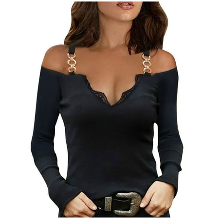 

Women s Lace Solid Casual Long Sleeve T-Shirt Chain Strap Zipper Basic Fall Tops Plus Size Loose Fit Pleat Flowy Top Pullover Cold Shoulder V-Neck Sweatshirt Print Blouses