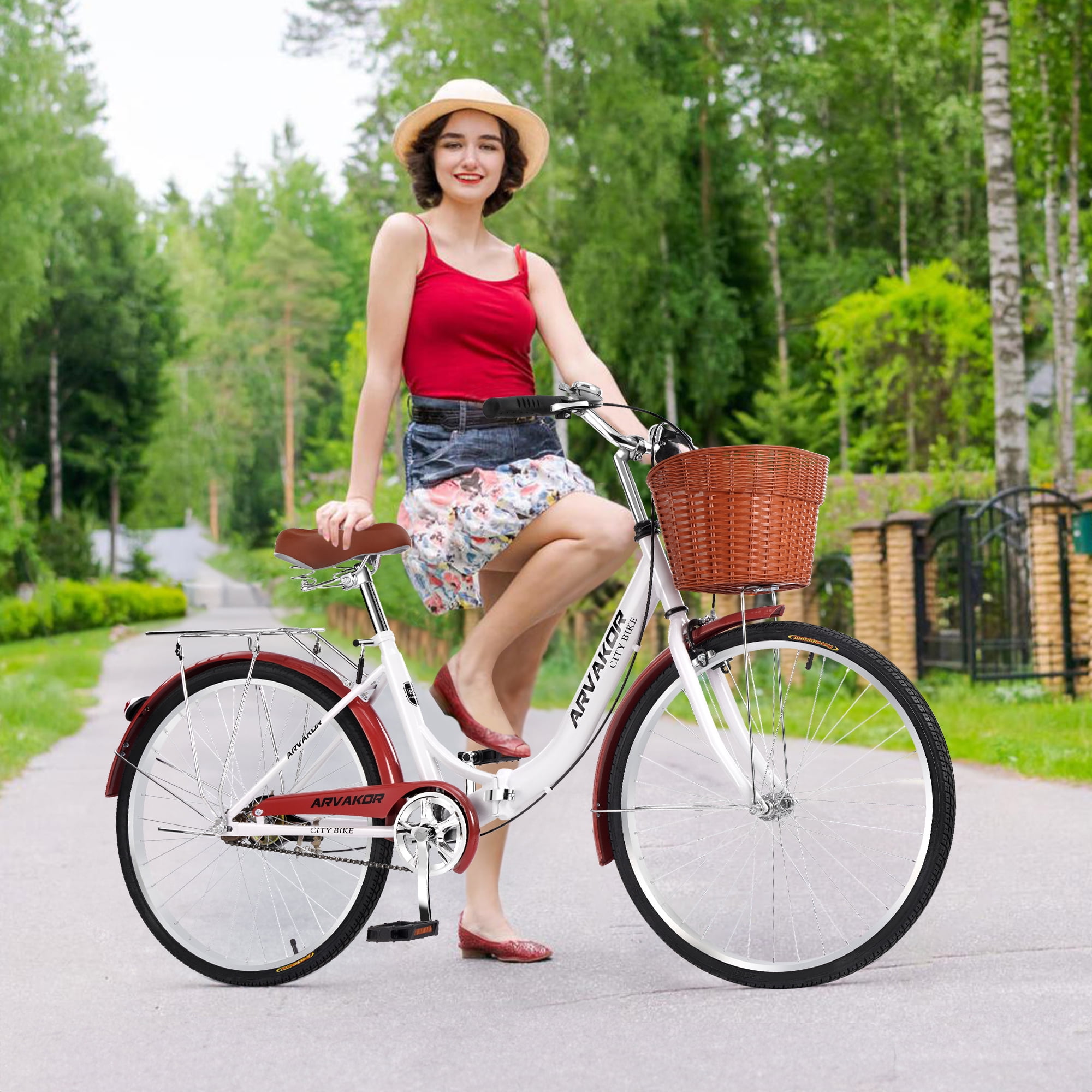 ARVAKOR 26 Inch Women's Bike with Foldable Frame and Basket, Classic Bicycle Retro Bicycle, Cruiser Bike, White