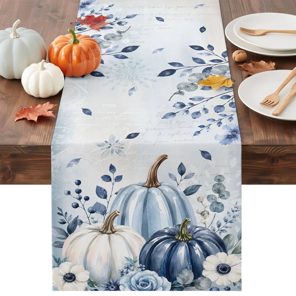 Fall Blue Pumpkins Table Runner - 120 Inch Long Thanksgiving Floral Eucalyptus Berries Cotton and Linen Blended Dress Scarves Farmhouse Table Runner for Kitchen Dining, Coffee Table, 13" x 120"