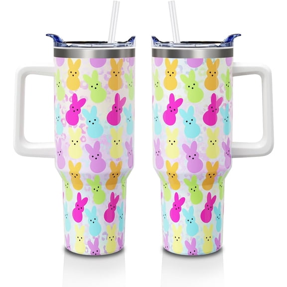 Easter Day Cup Gifts for Women Men, Cute Bunnies Buddies Stainless Steel Insulated 40oz Tumblers with Handle and Straw, Colorful Spring Holiday Rabbit Water Bottle (1 PC)