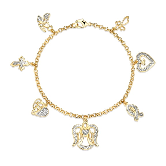 Forever Facets Women's 14k Gold Plated Brass Diamond Charm Bracelet with Cross Heart and Angel on Rolo 7.25 inch Jewellery