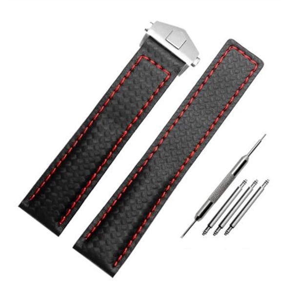 WANGQ Fit For TAG Heuer Watchband Carbon Fiber Texture Cow Leather Bottom BLACK RED Wristband Men's Strap 20mm 22mm With Folding Buckle