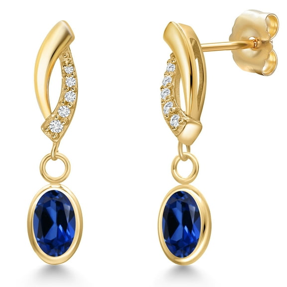 Gem Stone King 14K Yellow Gold Blue Created Sapphire and Lab Grown Diamond Earrings for Women | 1.25 Cttw | Gemstone September Birthstone | Oval 6X4MM
