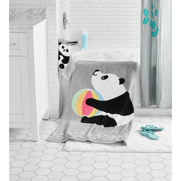Panda Kids 2-Piece Bath Towel and Wash Cloth Set, Cotton, Gray, Your Zone