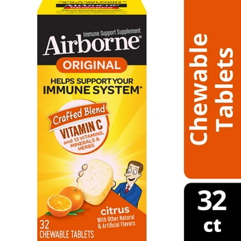 Airborne Citrus Chewable s, 32 count - 1000mg of  C - Gluten-Free Immune Support Supplement and High in Antioxidants (Packaging May Vary)