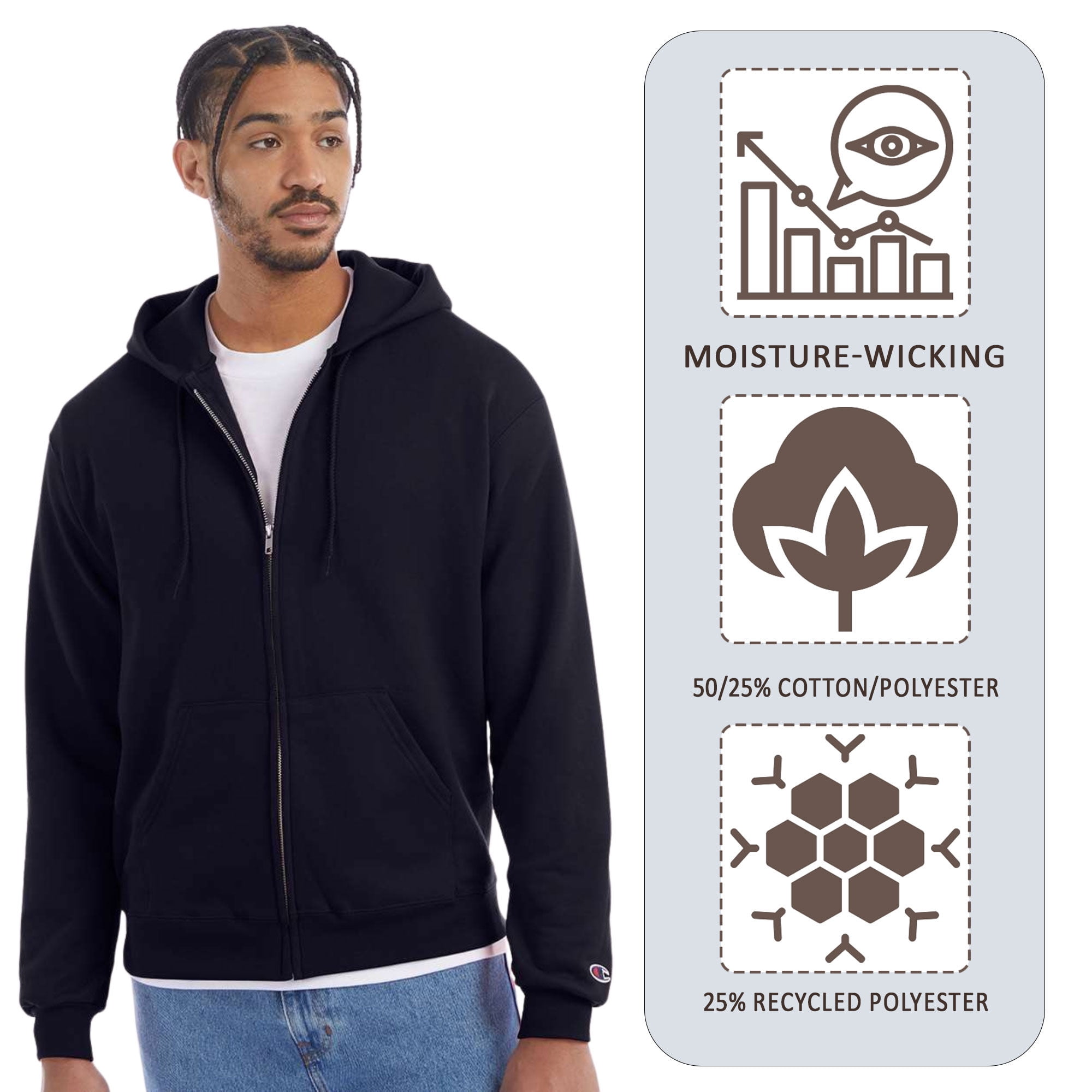 Champion Men's Powerblend Full-Zip Hooded Sweatshirt, 50/25/25 Cotton//Recycled Polyester Winter Fleece Jackets (Charcoal Heather, 2XL)
