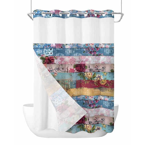 No Hook Shower Curtain with Snap-in Liner, Vintage Floral Waterproof Fabric Bathroom Curtains, Farmhouse Botanical Flowers Bath Curtains & Mesh Top Window Stand Up Stall Stall 48"x72"