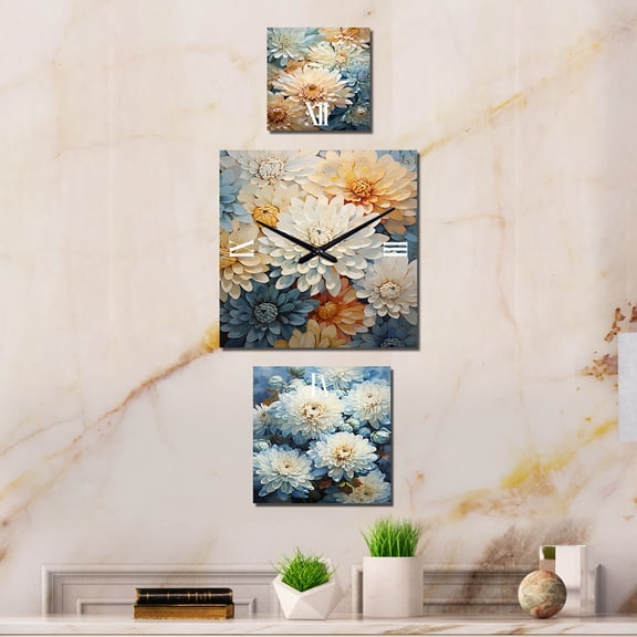 Designart "Elegance of Blue and White Mum Flowers" Mums Oversized Wall Clock - Set Of 3 - Extra large Traditional Clock For Office Décor - Large Vertical Clock