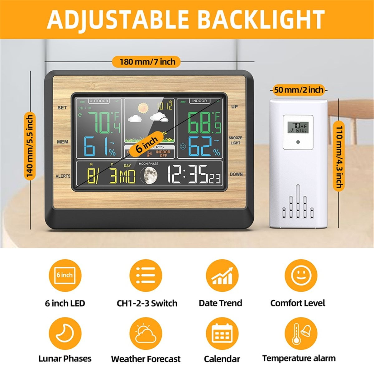 Wireless Weather Station 6 Inch Color Screen Digital Temperature Humidity Meter Weather Forecast Station with Sensor