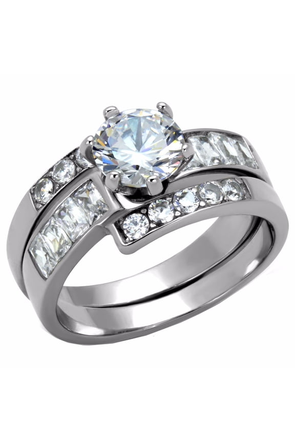 Womens One Carat 7x7mm Round Cut CZ Stainless Steel Wedding Engagement Anniversary Ring Set - Size 7
