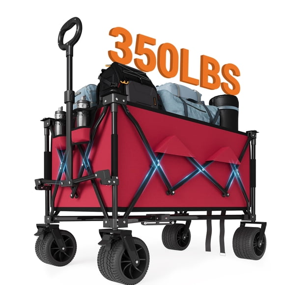 Bingirl 35-Inch Foldable Wagon with 350LBS Capacity and 280L Extra Large Space, Collapsible All-Terrain Beach Wagon with Cup Holders (Red)