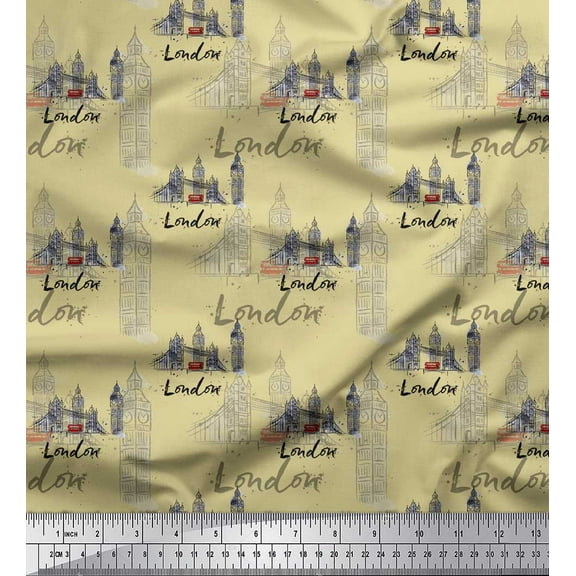 Soimoi Beige Cotton Duck Fabric London Theme Architectural Print Sewing Fabric Yard 42 Inch Wide