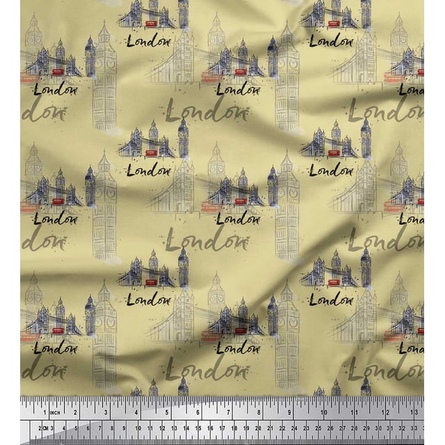 Soimoi Beige polyester Crepe Fabric London Theme Architectural Printed Fabric 1 Yard 52 Inch Wide