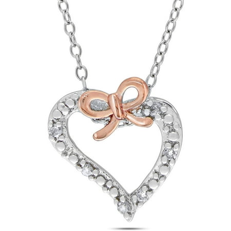 Cutie Pie Diamond-Accent Two-Tone Sterling Silver Girls' Bow-Heart Pendant, 18"
