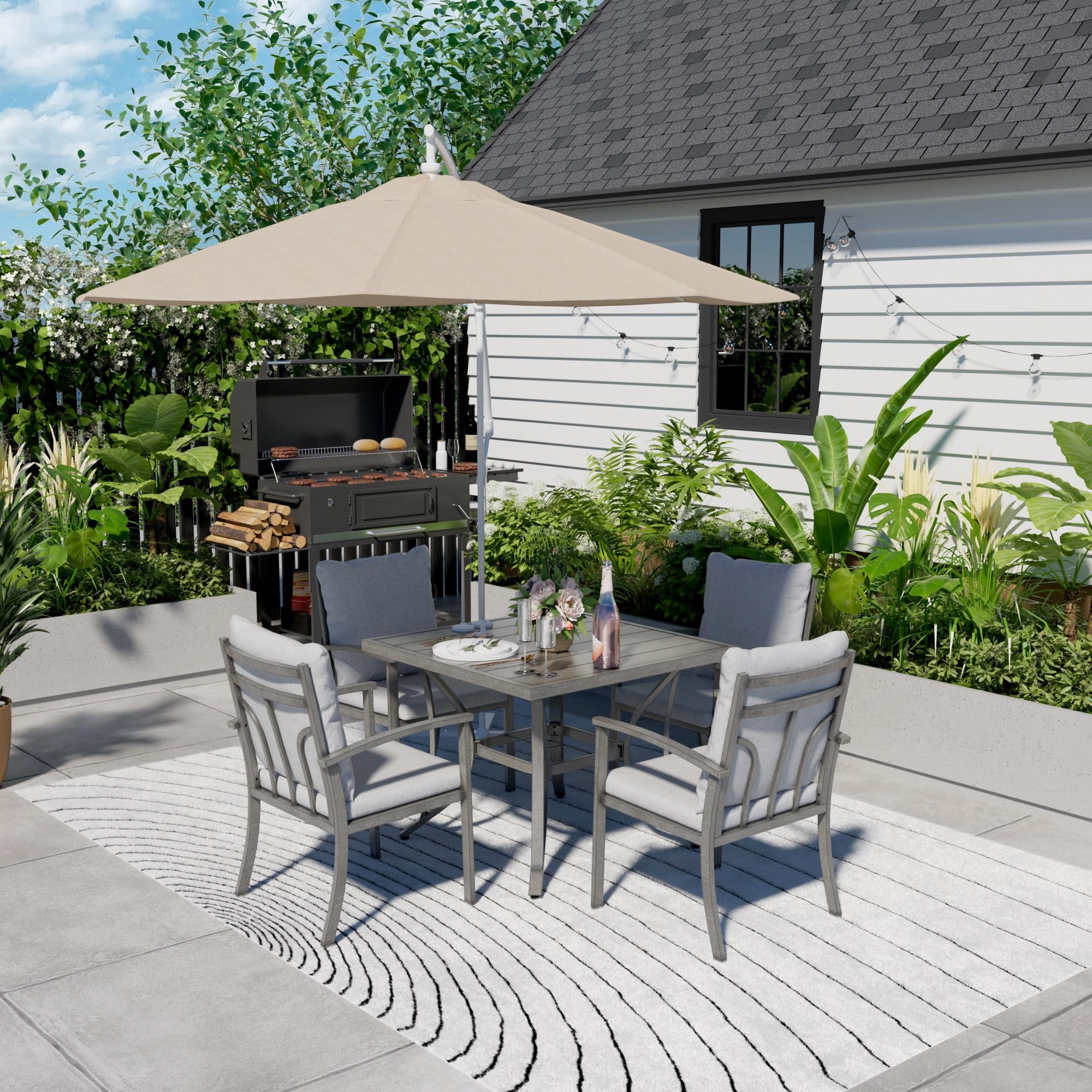 Square Outdoor Dining Table Aluminum Slat Patio Table for 4 with Umbrella Hole All Weather for Backyard Garden Deck Poolside, Gray