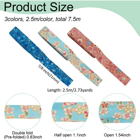 8.2 Yard 3 Colors Floral Double Fold Bias Tape 7/8 inch Floral Printed Bias Binding Ribbon Cotton Webbing Strap for DIY Crafts Sew on Binding Edge Fabric Ribbon