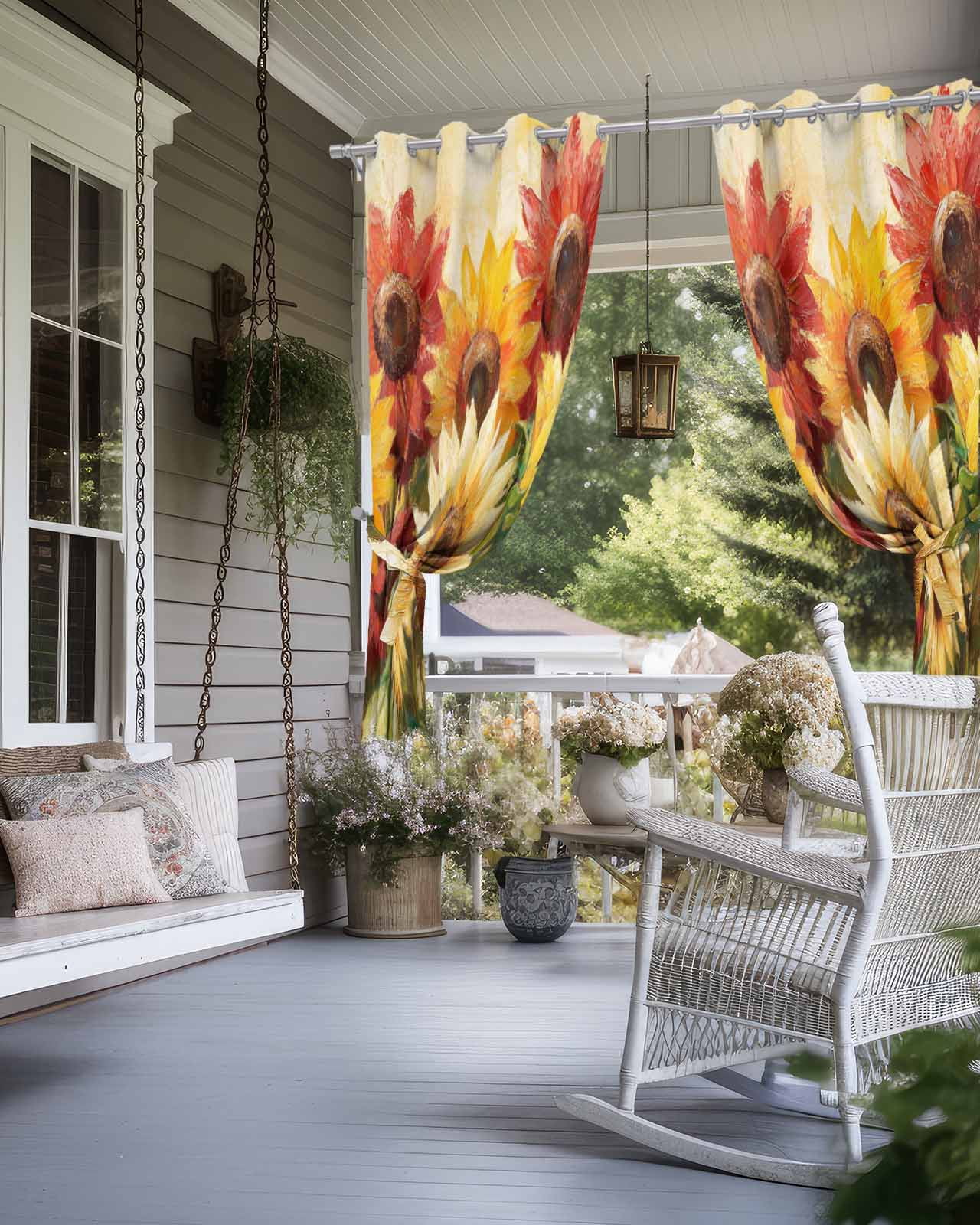 nqOlkjepod Outdoor Curtains for Patio Waterproof, Summer Sunflowers Outdoor Privacy Panels Grommet, Abstract Oil Painting Red Yellow Floral Blackout Outside Curtains for Porch 54"x95", 1 Panel
