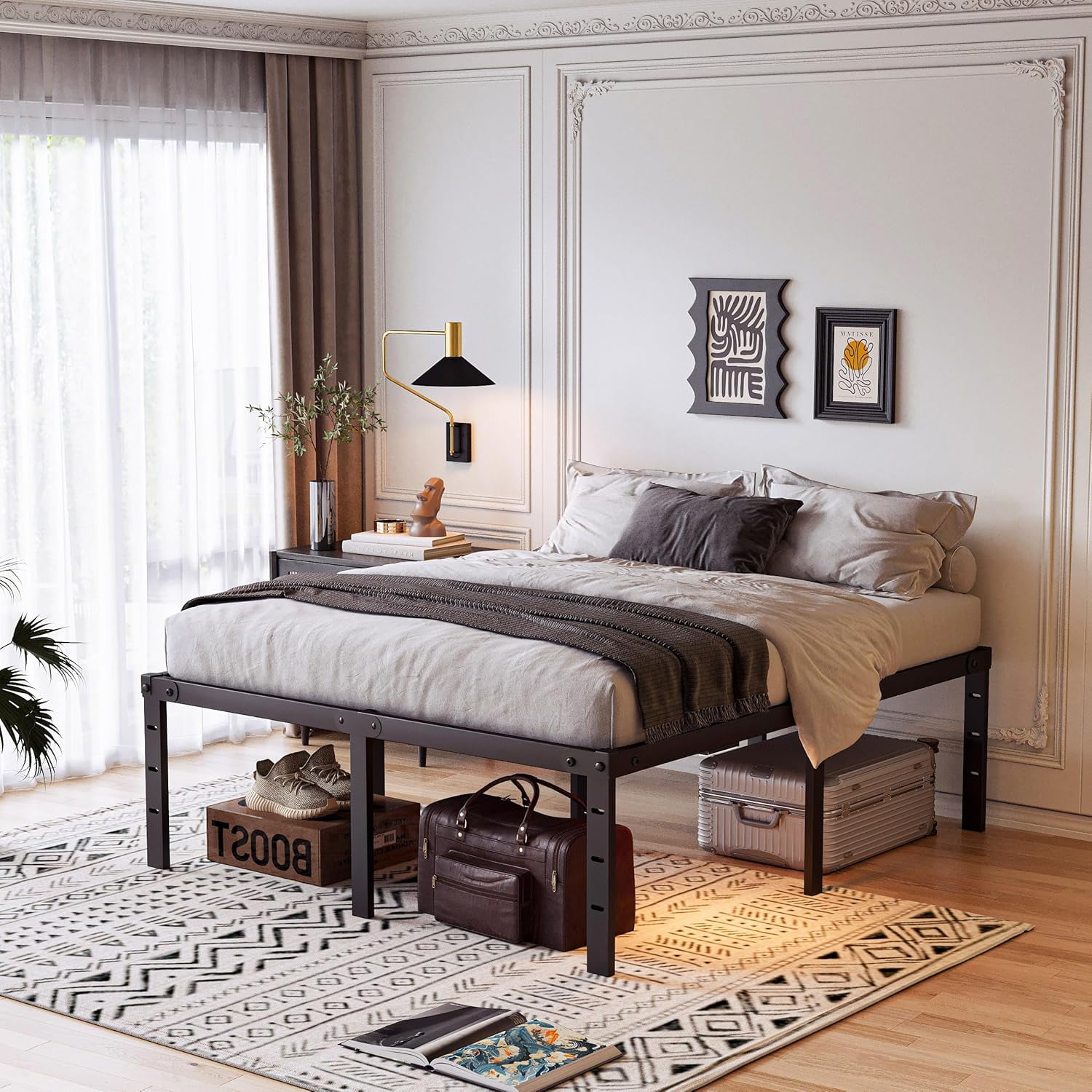 20 Inch Tall Bed Frame Queen Size with LED Night Light, Metal Platform Bed Frame Queen Storage Space Under The Bed, No Box Spring Needed, Easy Assembly, Heavy Duty, Noise-Free, Black