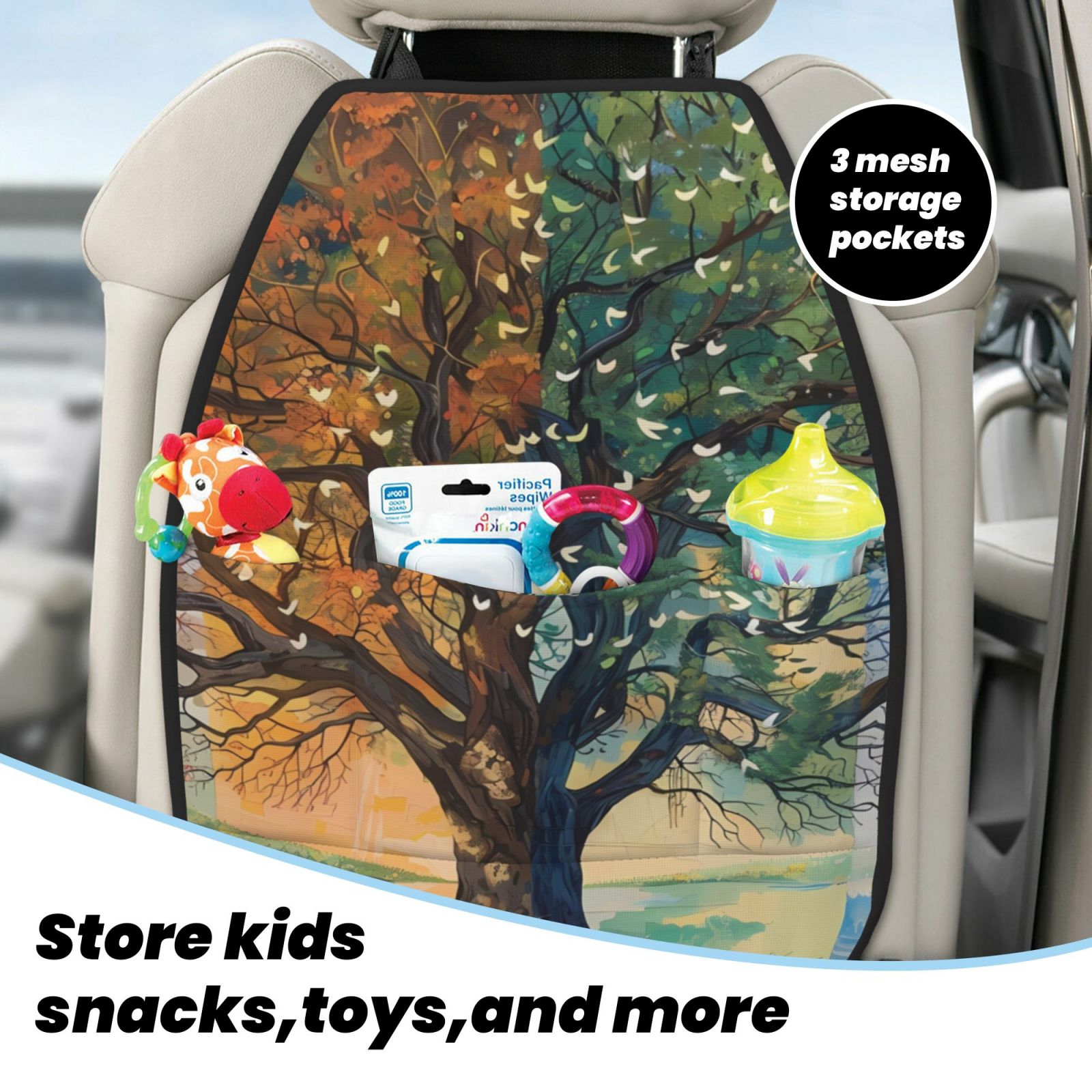 Xecao Seasonal Tree Reflection Pattern Car Seat Back Protector 2 Pack Large Capacity Pocket, Kick Mats Back Seat Protector