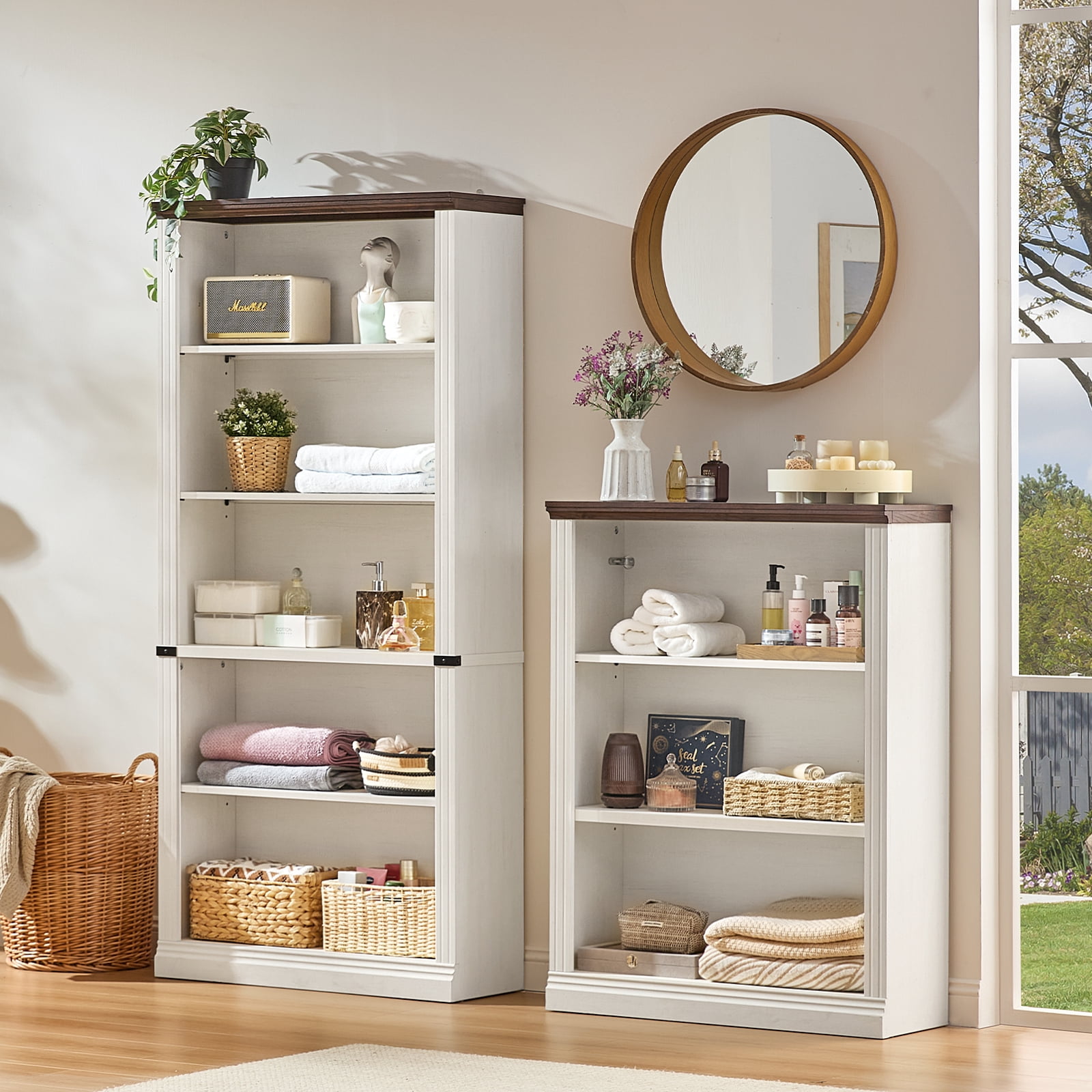 Buildhom 2pc 70" Tall Farmhouse Bookshelf, 5-Tier Solid Wood Bookcase with Adjustable Shelves for Living Room & Office, White